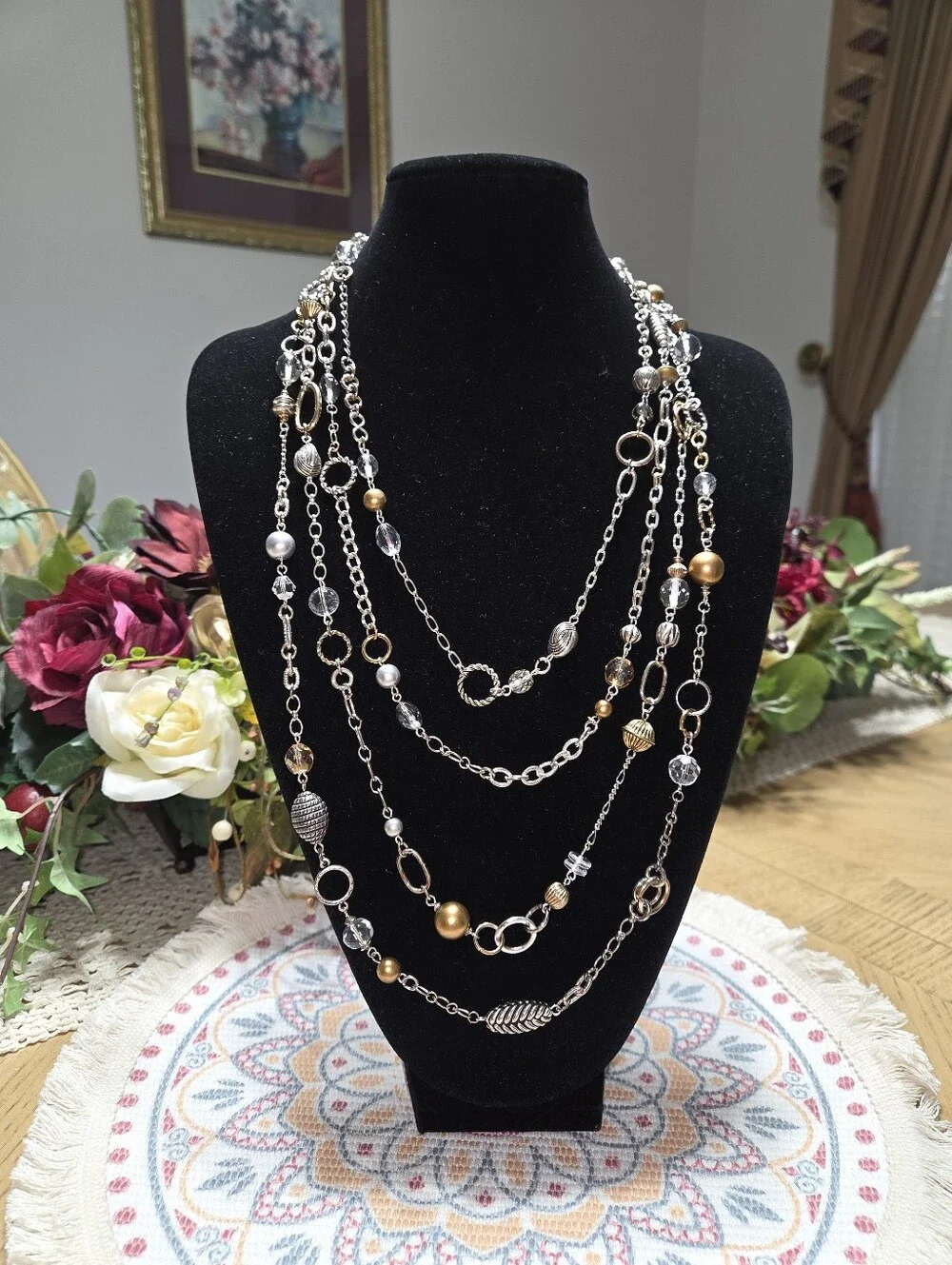 Multi-Strand Women's Necklace in Silver and Gold Tones